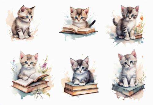 Watercolor of cats and books